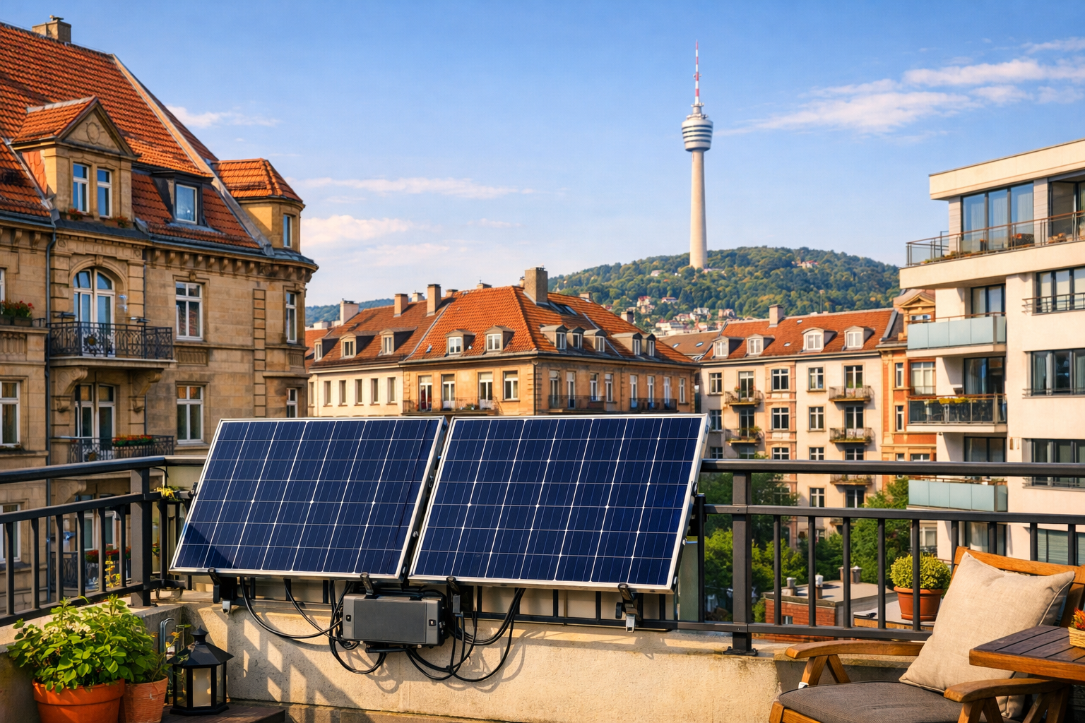 Balkonkraftwerk auf einem Balkon in Stuttgart mit Fernsehturm im Hintergrund - AI generiert