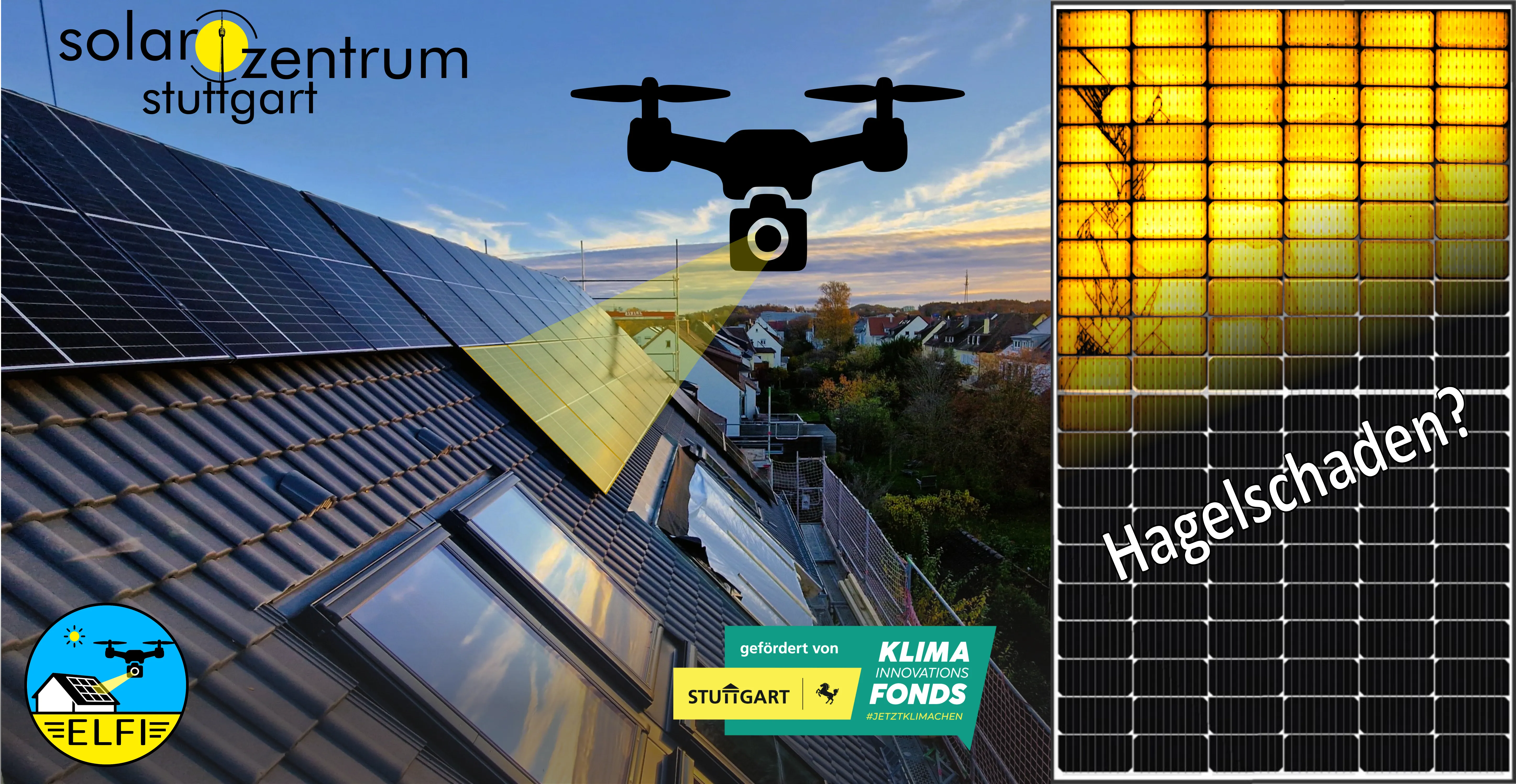 ELFI Bild, zeigt eine Drohne zur Elektrolumineszenz-Messung über einem Hausdach, gefördert vom Stuttgarter Klima-Innovationsfonds