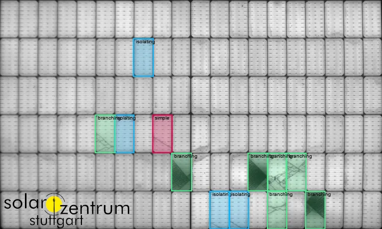 Electroluminescence Image of a PV-Module marked with damages and broken cells