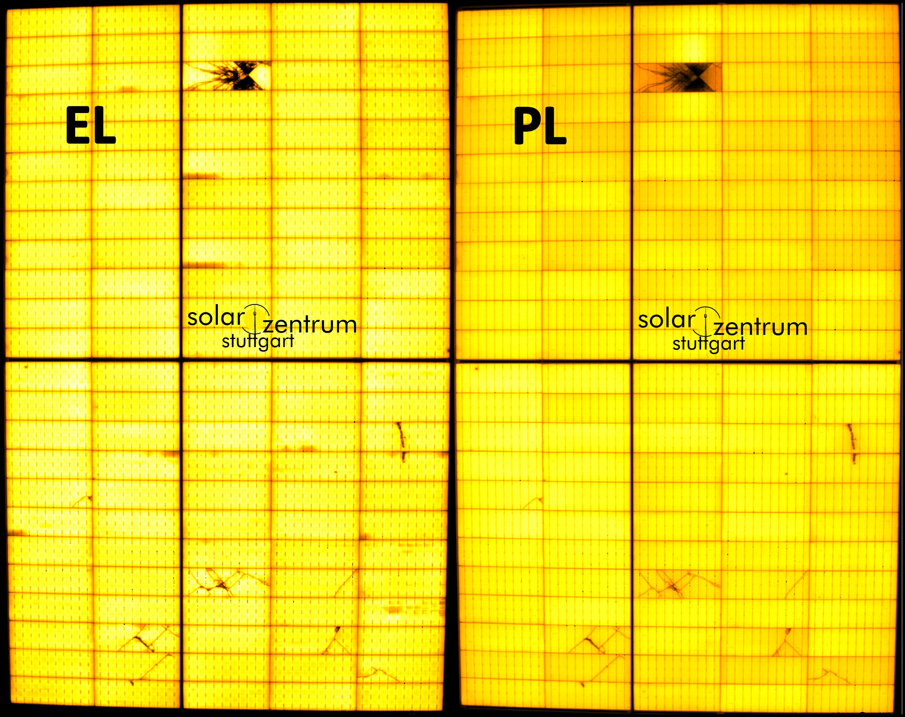Schematischer Vergleich von EL und PL zeigt Defekte: Mikrorisse