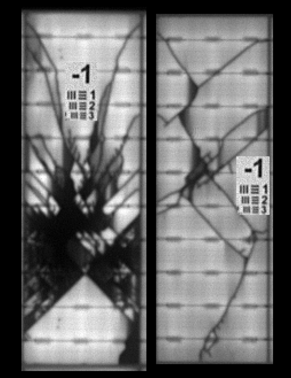 EL-Bild einer gesprungenen Solarzelle mit USAF-1951-Auflösungstarget